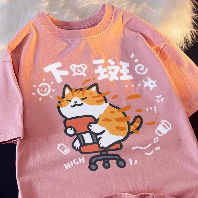 Funny Cartoon Printed Short Sleeved T-shirt Summer New Trendy Neck Short Sleeve Casual Tee for Cat Lovers Fashionable T-shirt