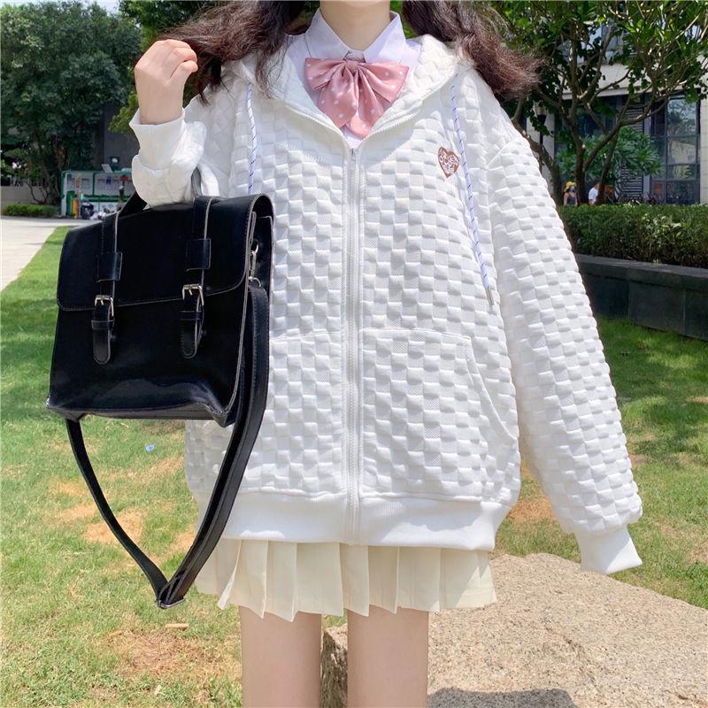 Autumn and winter new Japanese style sweet loose retro versatile student niche design waffle jacket women's cardigan top