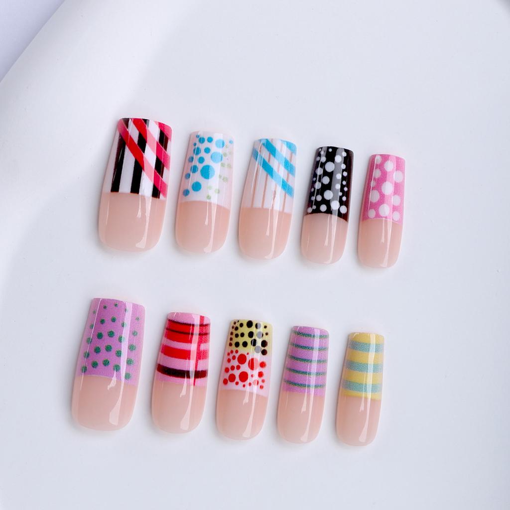 Polka Dot Lines Pink Square False Nails 24 Pieces Fashionable Design For DIY Manicure