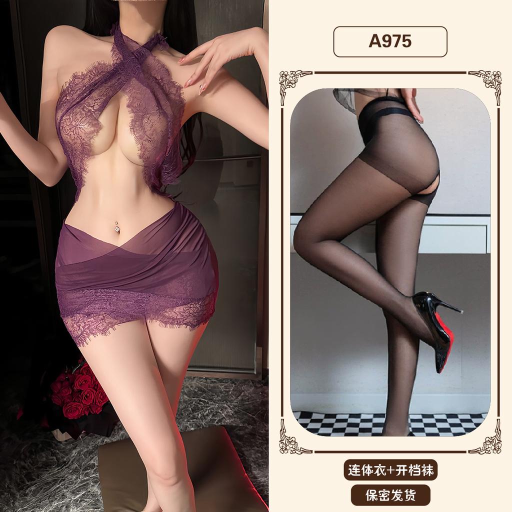 Sexy underwear women's sexy tight neck lace secretary uniform soft yarn hip skirt nightdress set A
