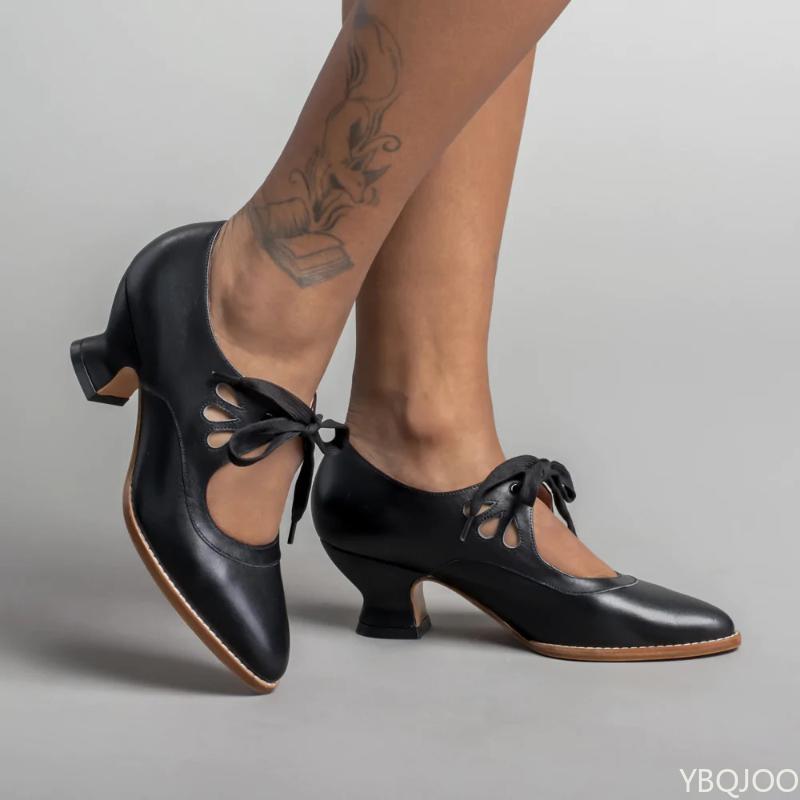 

New hollow out Pumps Lace up plus size ladies casual Sandals Fashion elegant shoes Womens round toe comfortable thick heel Shoes 35