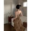 Neck sling v-neck dress women's summer backless waist versatile long dress coffee color a word skirt