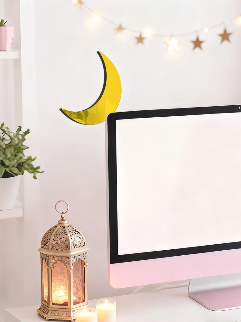 Islamic Wooden Golden Moon PC Monitor Decor Acrylic Crescent Hanging Ornaments Ramadan & Eid Home Office Desktop Decoration Gift
