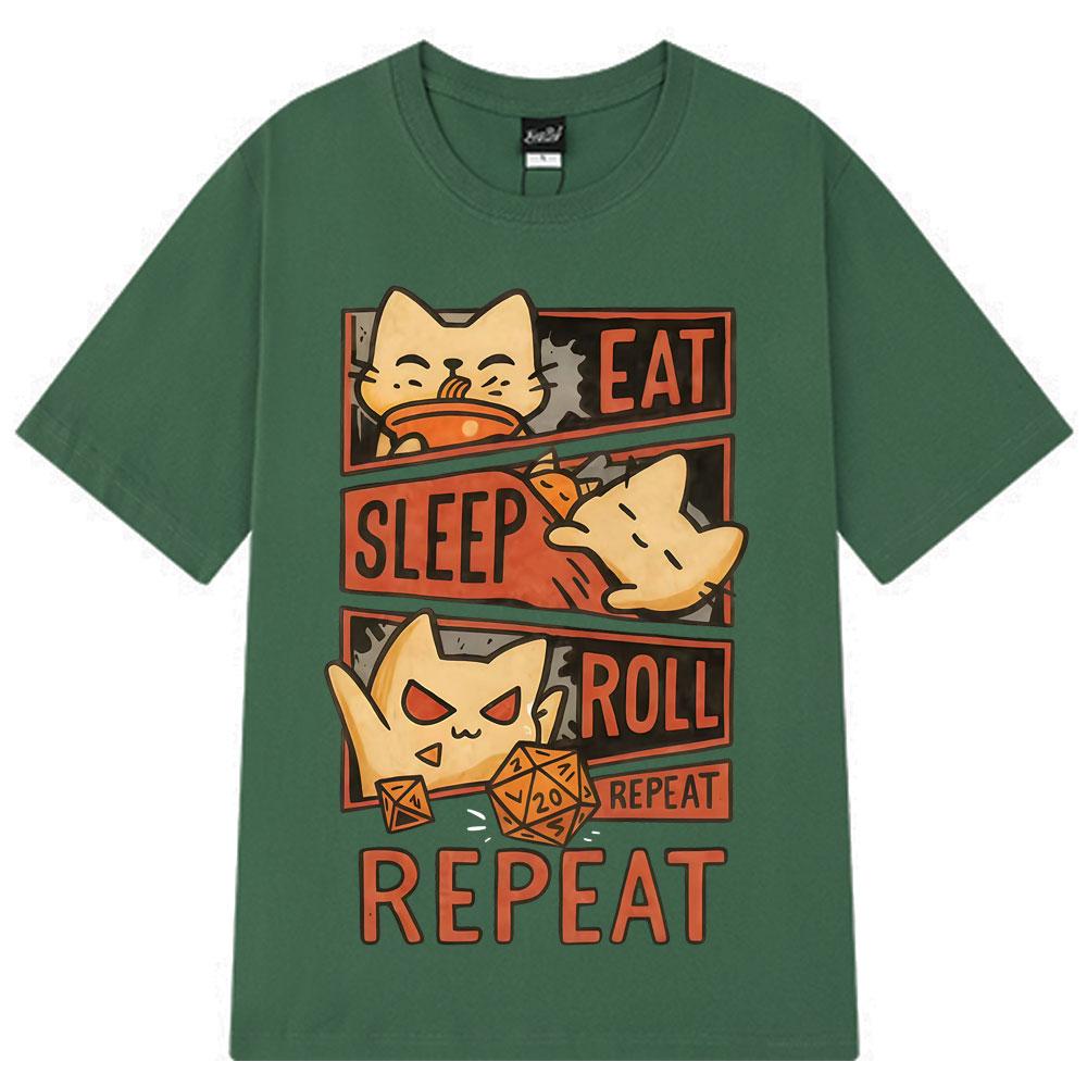 2026 Summer Cotton Tee Eat Sleep Roll Repeat Cat Graphic Unisex WOMEN Plus Size Loose Casual Hip Hop Streetwear Breathable Top