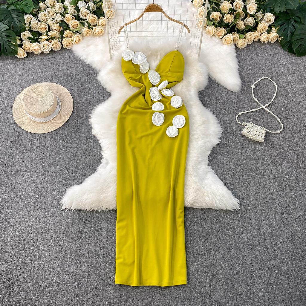 French Temperament Three-dimensional Flower V-tie Chest Pad Dress Women's Summer New Waist and Thin Hip-wrapped Split Dress