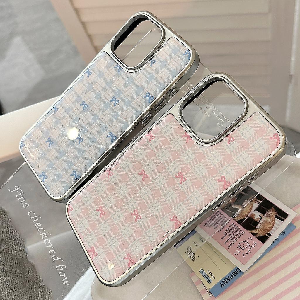 INS Korean Pink Blue Bowknot Grid Pattern Drop Glue Silver Phone Case for iPhone 17 16Promax 15 14 13 12 11 Anti Drop Soft Cover