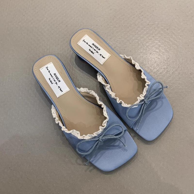 

Дизайнерские летние шлепанцы с кружевом и бантом-бабочкой для женщин, повседневные, на толстом низком каблуке, для платья, уличный стиль 34EU/CN35 синий