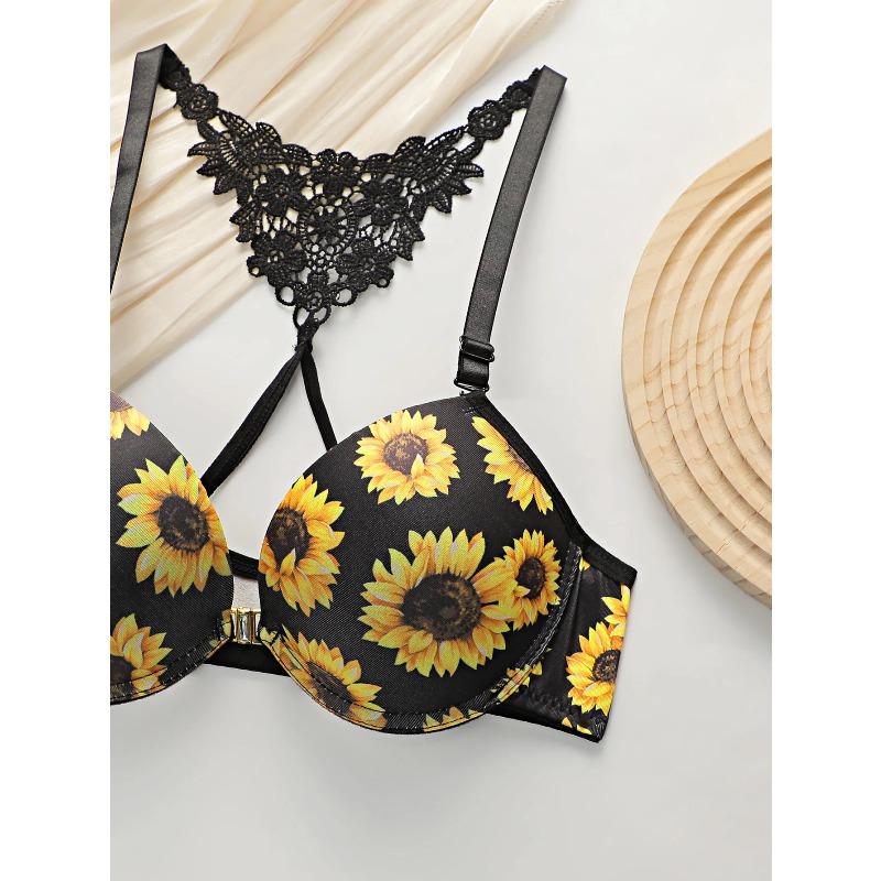Damen sexy Dessous-Set mit Frontverschluss, Chrysanthemenmuster und Stahlbügel Push-Up-Unterwäsche-Set A3116