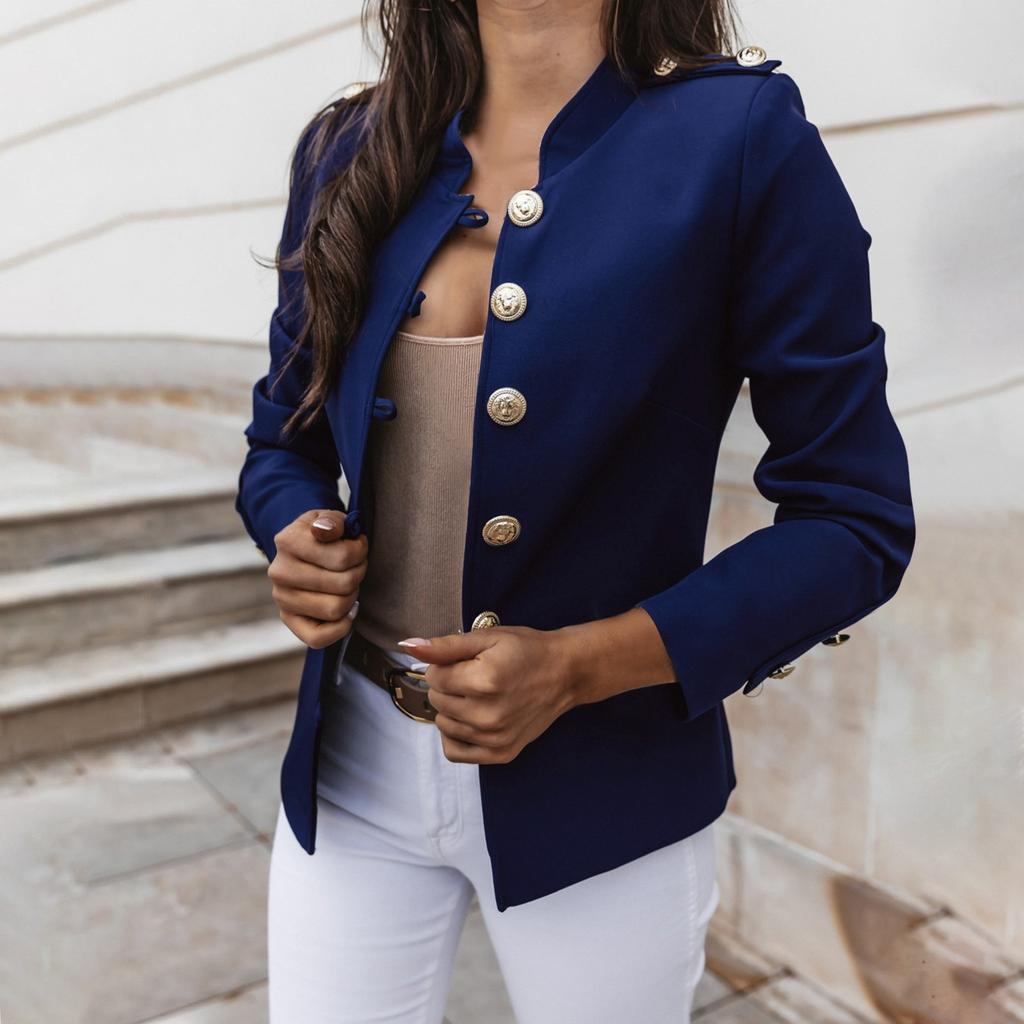 Chaqueta corta de traje pequeño de manga larga de color sólido informal para mujer