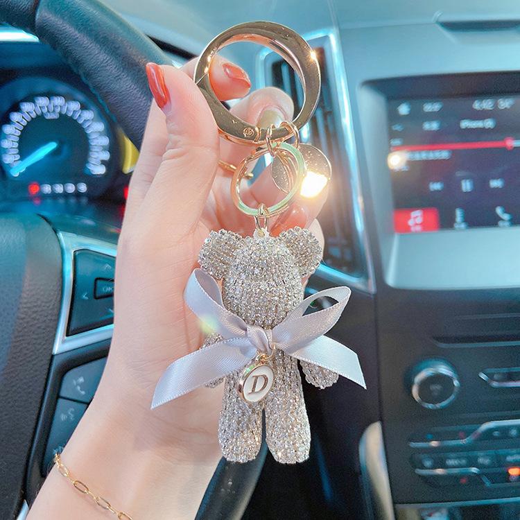 Luxury Jewelry Full Rhinestones Bear Car Key Chain Creative Letter Big Button Key Chains Bag Pendant Doll  Party Gifts For Women