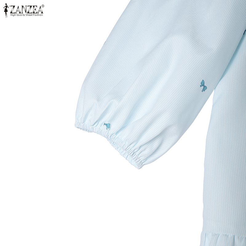 ZANZEA Damen Freizeit Rundhals 3/4 Ärmel Locker Gestreiftes Kleid