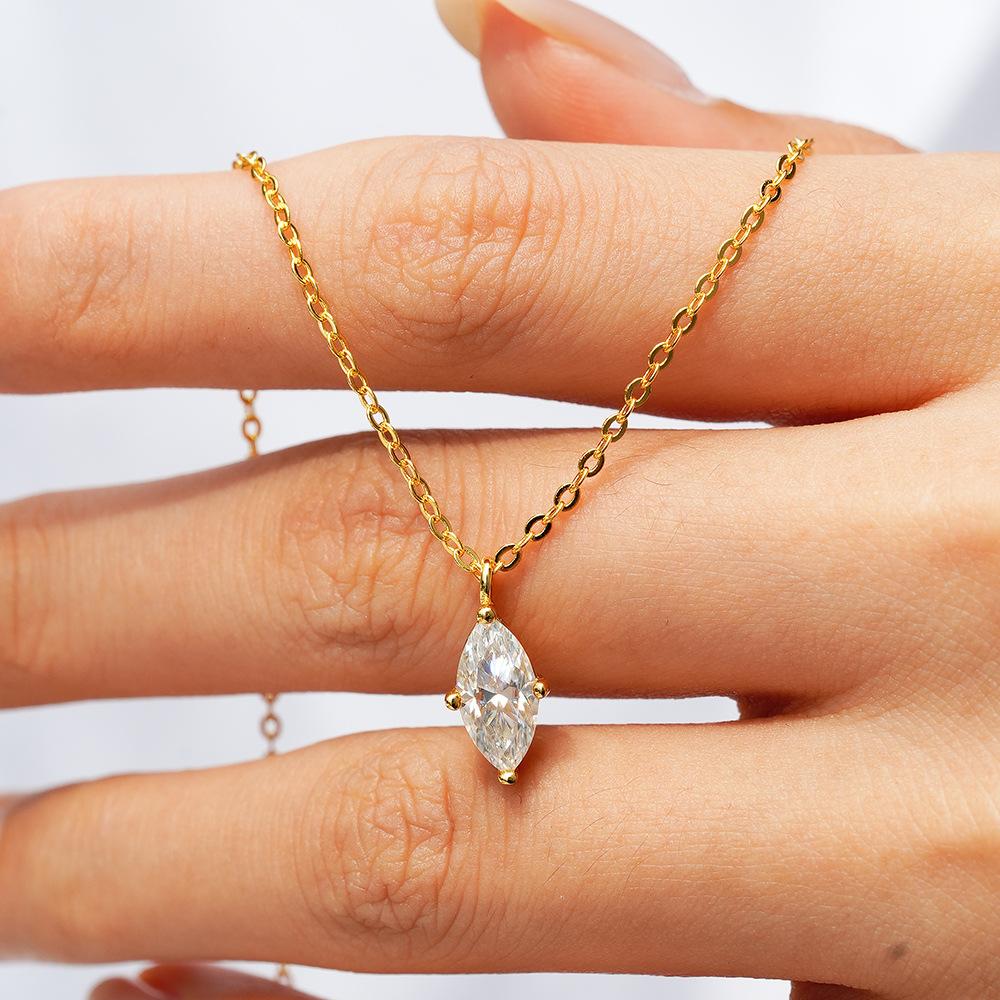 925 Sterling Silver 1CT Marquise Cut Moissanite Pendant Necklace for Women – 14K Gold Plated Minimalist Jewelry