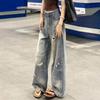 Hellfarbige zerrissene Jeans Damen Übergröße Birnenform Gerades Bein Locker High Waist Design Hose