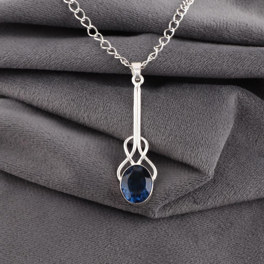 London Blue Topaz Pendant, 925 Solid Sterling Silver Gemstone Jewelry, Handmade Pendant, Gift For Her