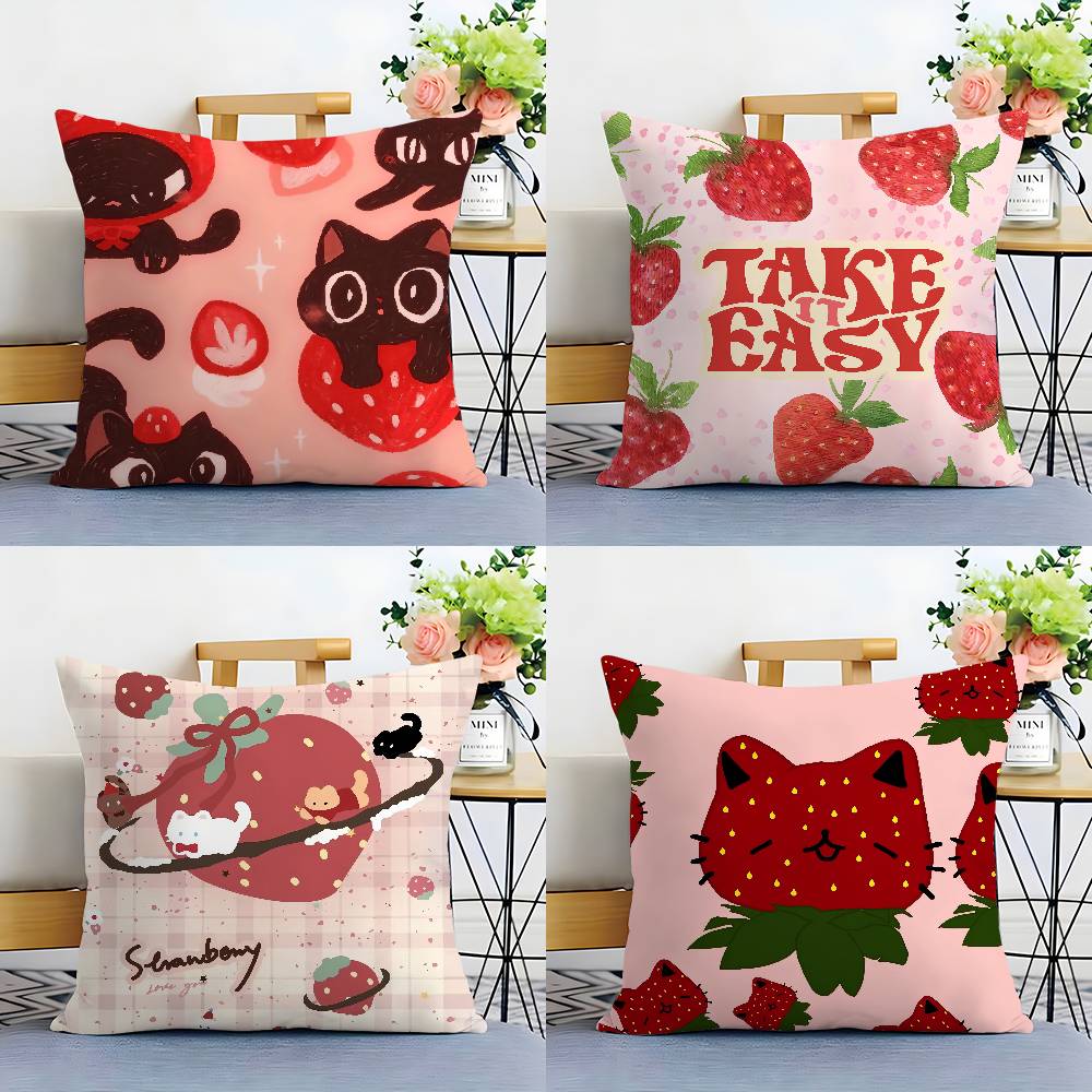 Cute Strawberry Print Pillow Case Plush Fabric Soft Double Sided Print Sofa Cushion Cover Throw Pillow Covers