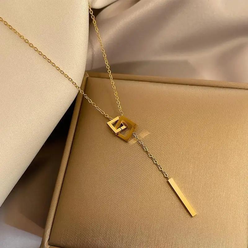 Personality Design Gold Color Stainless Steel Geometric Square Cross Long Pendant Necklace for Women Charm Collar Jewelry Gift