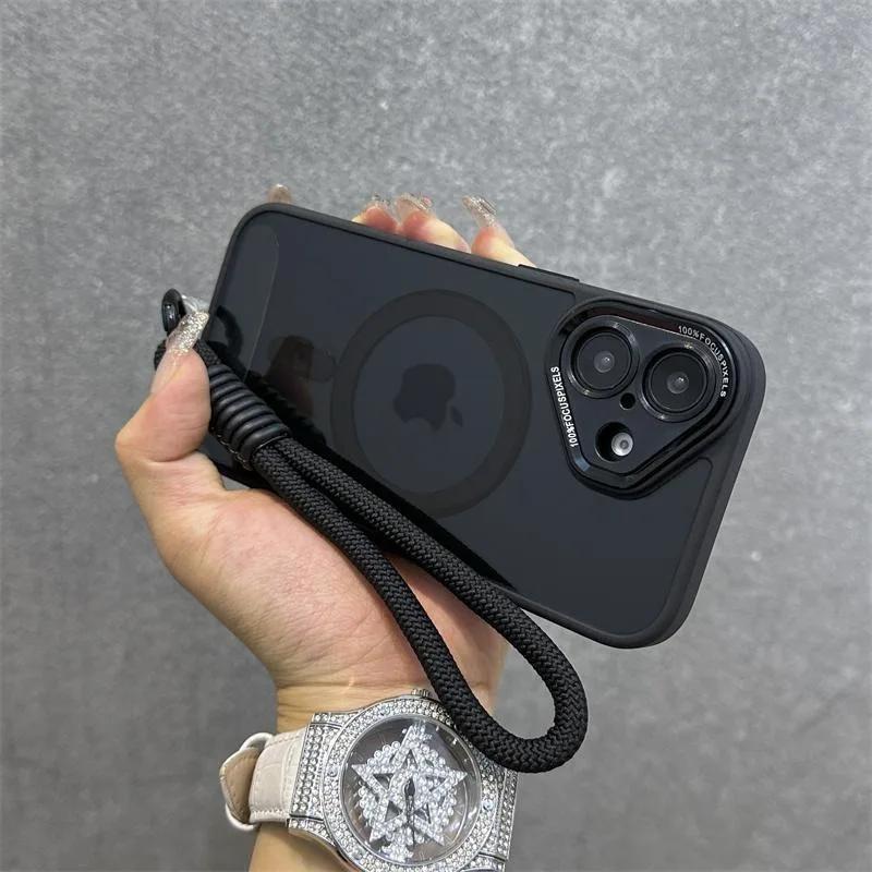 Luxury Wristband Magsafe Transparent Phone Case for iPhone 11 15 14 13 12 16 17 Pro Max Lanyard phone Magnetic anti drop