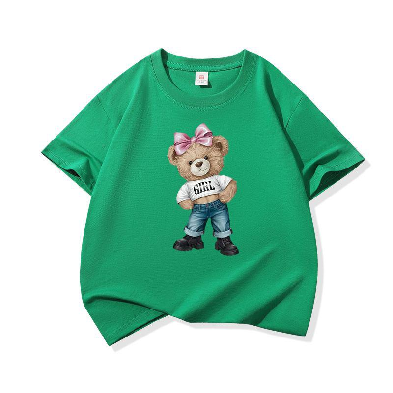 Girl Bear With Pink Bow Graphic Tee Kids Pure Cotton Crew Neck T Shirt Short Sleeve Muticolor Tops For Boys Girls Children
