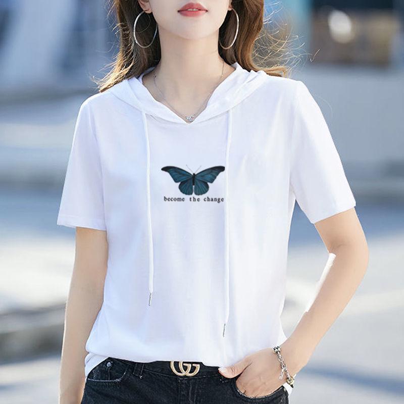 

2025 Летняя женская свободная повседневная толстовка с капюшоном и коротким рукавом - Корейский тренд M 70-95 lbs