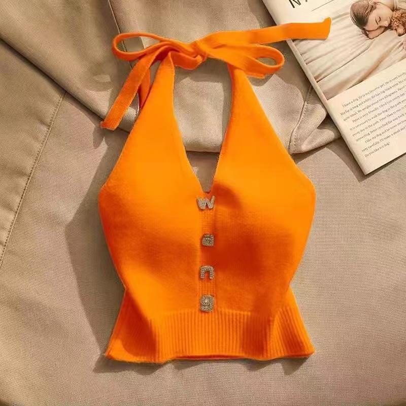 Summer Chic Hang Neck Sexy Knitted Suspender Girl Sweet Style Lace Up Backless Tops New Design Casual Fashion Camis Chic Clothing