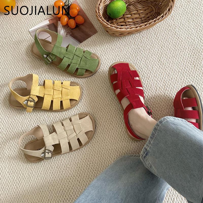 Fashion SUOJIALUN 2025 New Brand Women Sandal Fashion Close Toe Shallow Ladies Casual Slingback Shoes Round Toe Soft Flat Heel Mules Sho