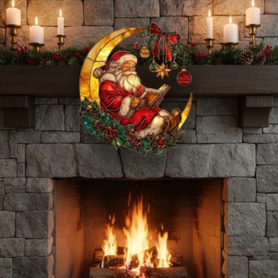Cozy Santa Reading On Moon Suncatcher Christmas Stained Glass Look Window Hanging Ornament with Berries Bow for Holiday Window Wall Decor