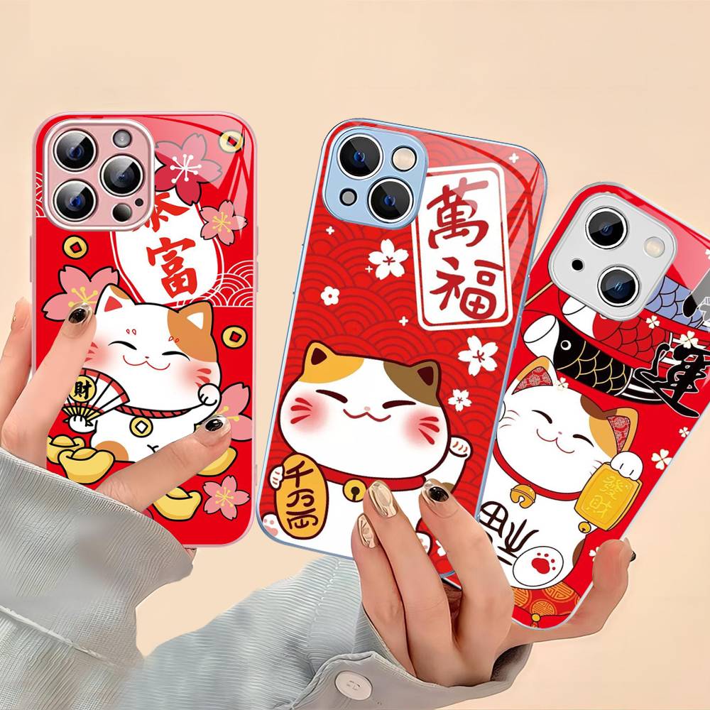 Maneki Neko Lucky Money Cat Tempered Glass For Iphone 14 13 12 11 Pro Mini XS MAX 14Plus X XS XR Cover