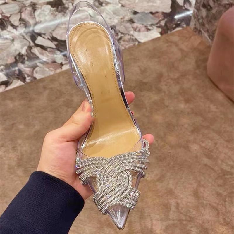 Luxury Cross Rhinestone Transparent PVC Women Sandals Pointed Toe Thin Heel Non-slip Slide Sandals Elegant Fashion Wedding Shoes