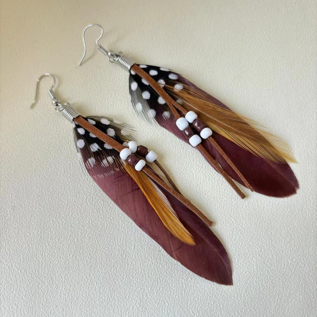 Vintage Bohemian Feather Tassel Earrings Exaggerated Ethnic Vacation Dangle Ear Jewelry Fashion Accessories For Women