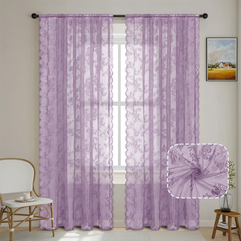 Warp Knit Lace Trimmed Rod Pocket Sheer Curtains Outdoor Ready To Hang Scalloped Valance Romantic Home Decor