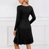 Ladies' Casual Round Neck Long Sleeved Dress Color Loose Waist Pleated Dress
