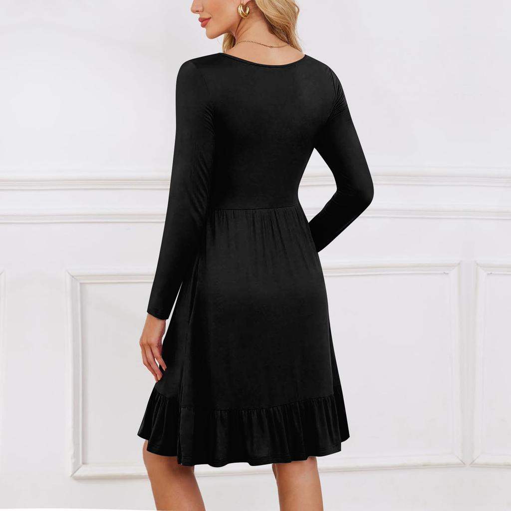Ladies' Casual Round Neck Long Sleeved Dress Color Loose Waist Pleated Dress