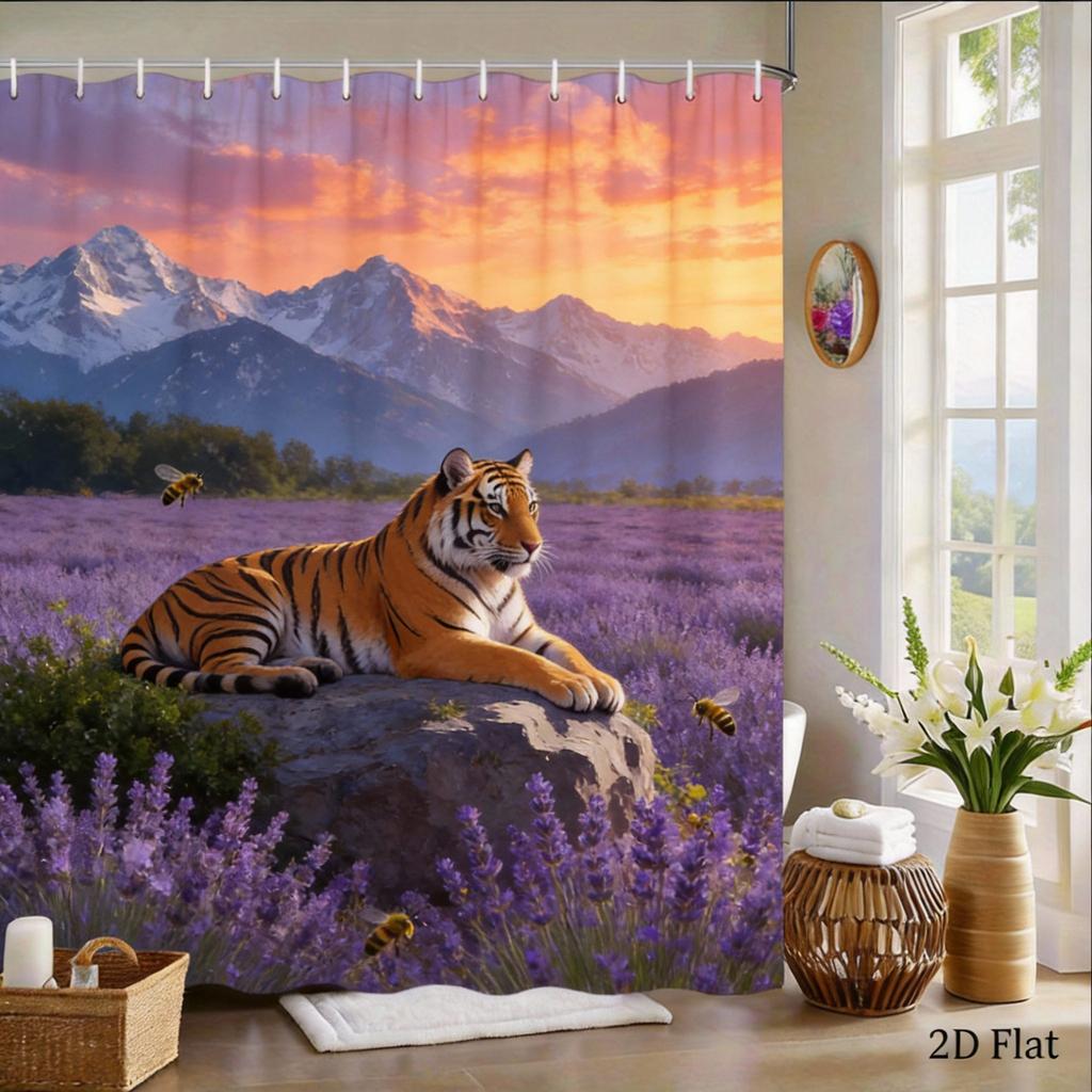 Bengal Tiger Shower Curtain Mountain Landscape Print with Flowers Polyester Bath Curtain with Hooks for Nature Decor