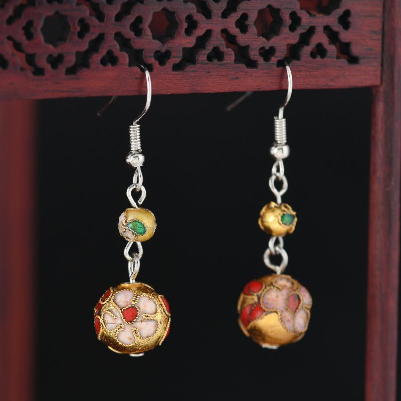 Chinese Cloisonne Retro Round Bead Earrings Handmade Silk Enamel Earrings Simple Antique Cheongsam Earrings Female 12mm