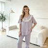 Women's pajamas checkered imitation cotton lace splicing short and long blue sweet loungewear new explosion