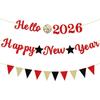 2026 Happy New Year Banner Red Letter Glitter Hello 2026 Banner Party Flag Backdrop Eve Decorations Golden Black Star for Happy Holiday New Years