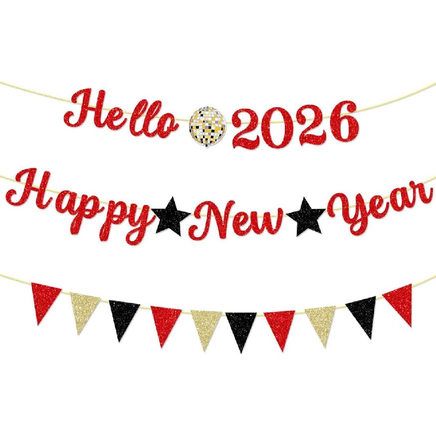 2026 Happy New Year Banner Red Letter Glitter Hello 2026 Banner Party Flag Backdrop Eve Decorations Golden Black Star for Happy Holiday New Years