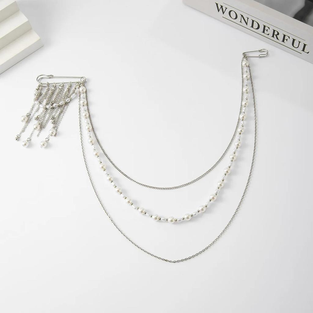 Personalized Chic Style Imitation Pearl Chain Tassel Brooches for Women Fashion Light Luxury Pearl Bead Brooch Suit Pin Accessor
