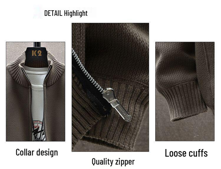 Men's Stand Collar Knitted Cardigan: Autumn/Winter Style, Trendy Youth, Velvet-Lined, Thick Sweater Coat.