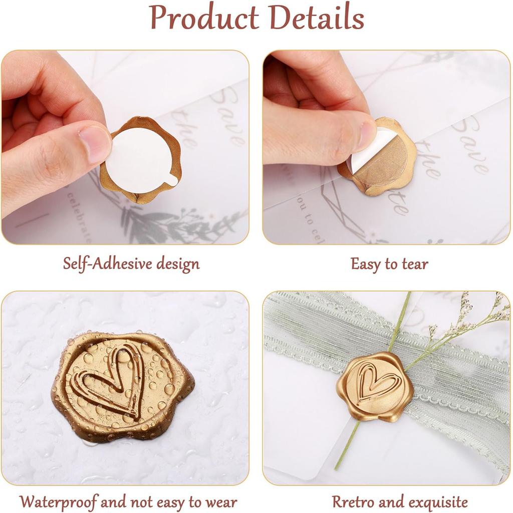 50/100 st Hjärtformade Vaxsigillklistermärken, Kuvertförslutningsklistermärken Kuvertförslutningar Självhäftande Guldklistermärken för Bröllopsfest Födelsedag