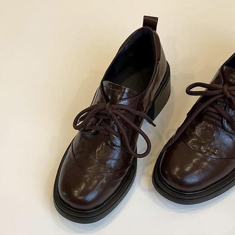 Lan Cabinet~ 2025 Autumn British retro round head lace-up loafers commuting versatile thick heel small leather shoes women's single shoes
