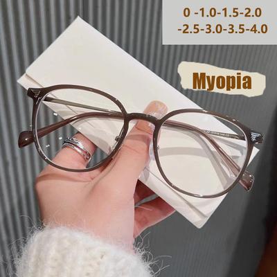 New Fashionable Anti Blue Light Glasses, Plain Color, Cool Brown Flat Lens, Oval Shaped, Student Made Myopia Glasses 2986