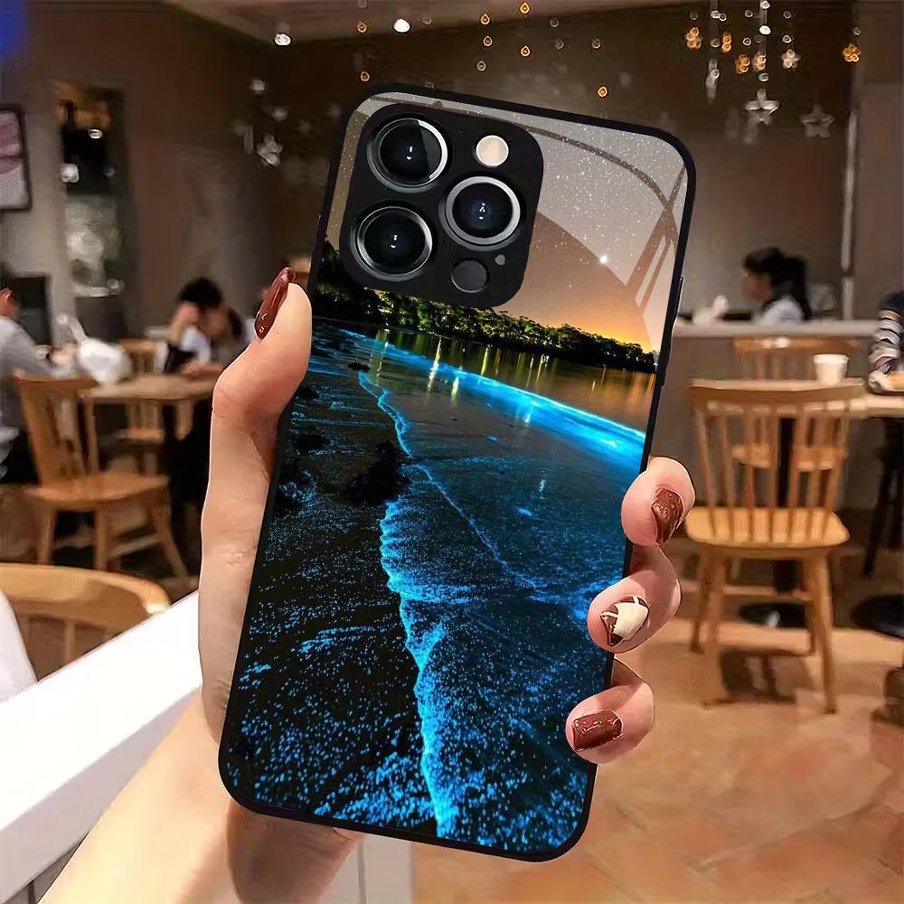 Fluorescent beach pattern tempered glass phone case suitable for iPhone17 16 15 14 13 12 11Pro/Max/Plus anti drop and shockproof
