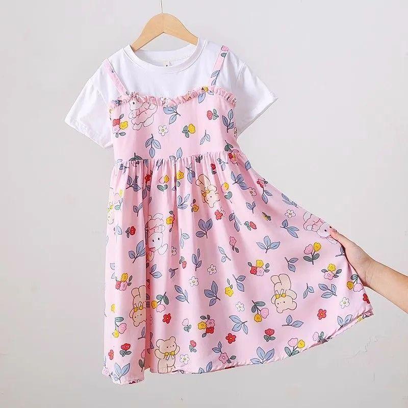 Dívčí letní nové šaty s falešným dvoudílným vzhledem Letní šaty Pro dívky Chladivé dlouhé šaty