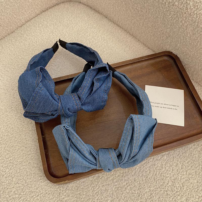 Fashion Women's Denim Headband with Center Bow Knot for Adult Daily Casual Hair Hoops Accessory