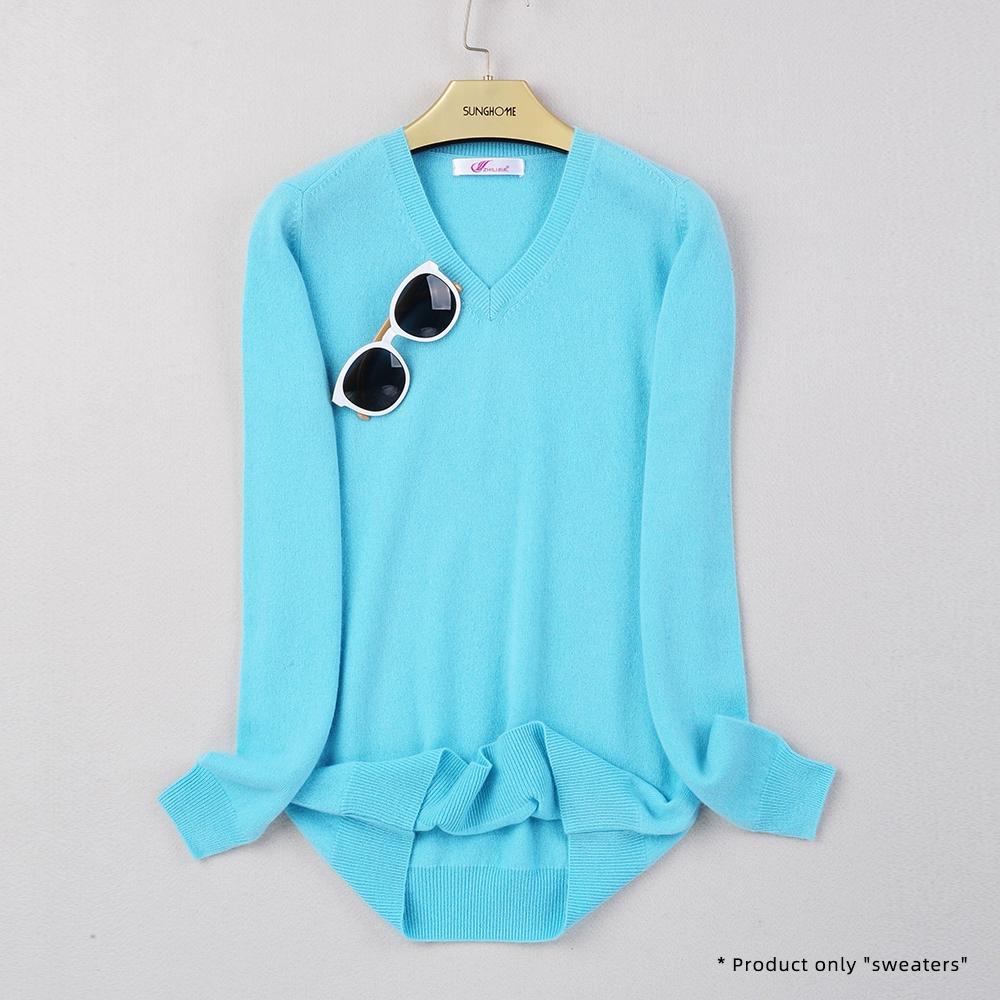 Women's V-neck Cashmere Sweater Warm Long Sleeved Sweater Solid Color