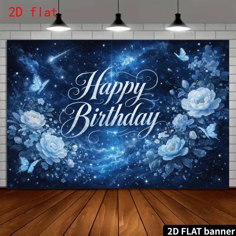 

2D Dark Blue Galaxy Happy Birthday Backdrop with Flowers and Butterflies Party Banner 47.2x31.5inch/120*80cm