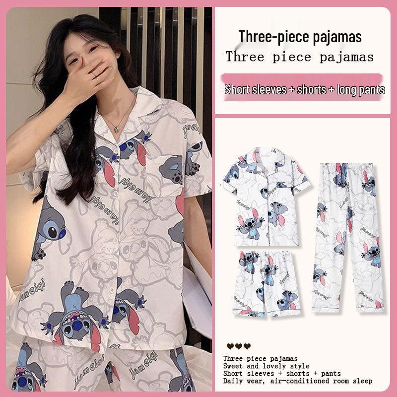 Summer Fashion Pajamas: Women's Short Sleeve Three-Piece Set with Cartoon Pacha Dog Design, Suitable for Home or Outdoors