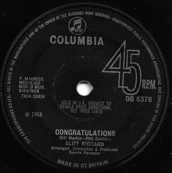 

7inch Record CLIFF RICHARD - Congratulations DB8376 Columbia 1968 UK Rock Used