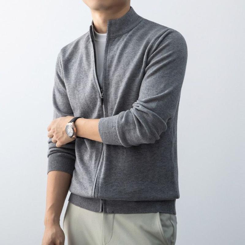 Casual Stand Collar Knitted Cardigan Men's Clothing Stylish Zipper Autumn Winter Vintage Solid Color Basic Long Sleeve Sweaters